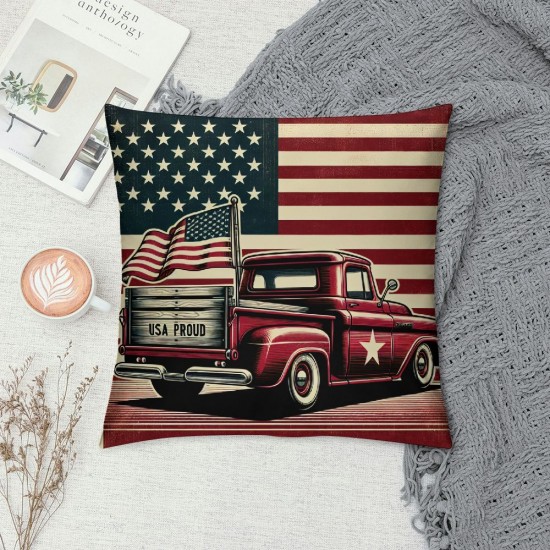 Ulloord Vintage Red Truck Throw Pillow Covers America Flag Decorative Pillow Covers Square Rustic Dog Pillow Case Cushion Cover Home Outdoor Decor Sofa Bed