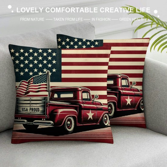 Ulloord Vintage Red Truck Throw Pillow Covers America Flag Decorative Pillow Covers Square Rustic Dog Pillow Case Cushion Cover Home Outdoor Decor Sofa Bed