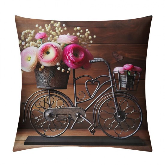 Ulloord &nbsp;Bicycle Throw Pillow Covers with Spring Rose Flower Pillow Case Brown Wood Background Farmhouse Pillowcase for Home Sofa Couch Bedroom