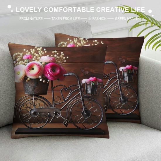 Ulloord &nbsp;Bicycle Throw Pillow Covers with Spring Rose Flower Pillow Case Brown Wood Background Farmhouse Pillowcase for Home Sofa Couch Bedroom