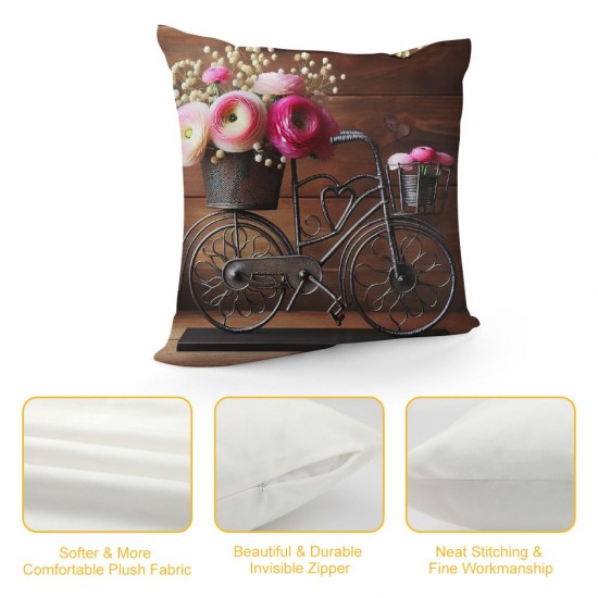 Ulloord &nbsp;Bicycle Throw Pillow Covers with Spring Rose Flower Pillow Case Brown Wood Background Farmhouse Pillowcase for Home Sofa Couch Bedroom