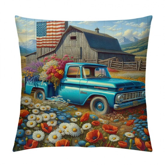 Ulloord Throw Pillow Covers Vintage Blue Truck with White Daisy Flower Decorative Pillow Covers American Flag Independence Day Flag Pillow Case Cushion Cover