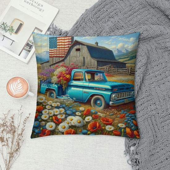 Ulloord Throw Pillow Covers Vintage Blue Truck with White Daisy Flower Decorative Pillow Covers American Flag Independence Day Flag Pillow Case Cushion Cover