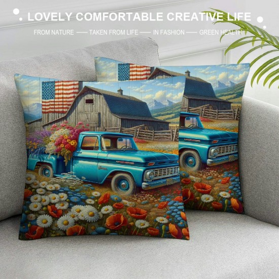 Ulloord Throw Pillow Covers Vintage Blue Truck with White Daisy Flower Decorative Pillow Covers American Flag Independence Day Flag Pillow Case Cushion Cover