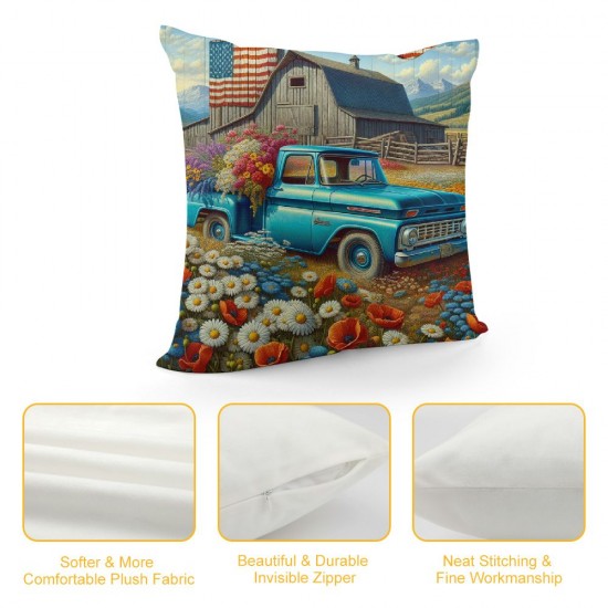 Ulloord Throw Pillow Covers Vintage Blue Truck with White Daisy Flower Decorative Pillow Covers American Flag Independence Day Flag Pillow Case Cushion Cover