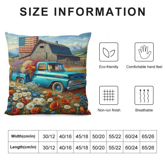 Ulloord Throw Pillow Covers Vintage Blue Truck with White Daisy Flower Decorative Pillow Covers American Flag Independence Day Flag Pillow Case Cushion Cover