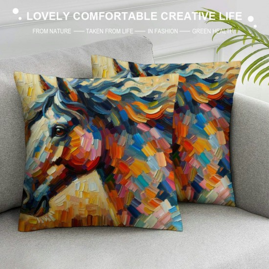  Oil Painting Throw Pillow Cover Color Horse Pattern Decorative Pillow Covers Square Outdoor Home Cushion Case Cover for Sofa