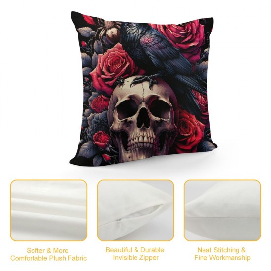 Ulloord Halloween Pillow Cover Sugar Skull Rose Flowers Skeleton Halloween All Saints Day Goth Gothic Crow Spider Throw Pillow Case Decorative Cushion Covers