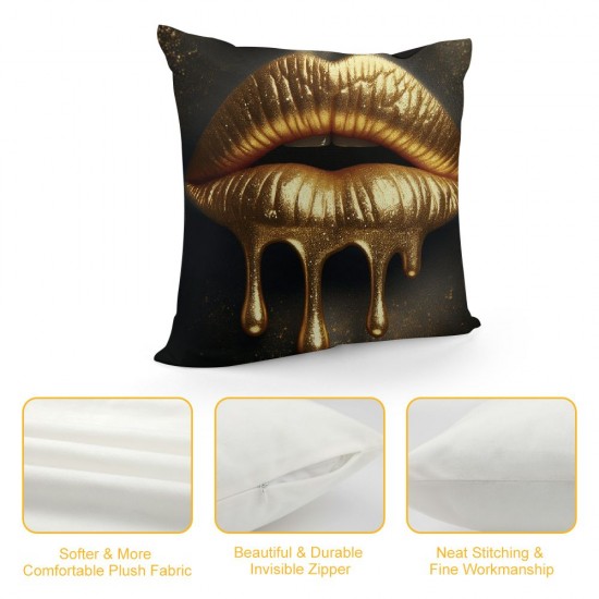 Ulloord  Gold Sexy Lip Throw Pillow Covers Black Gold Lips Pattern Design Decorative Pillow Case Super Soft Rock Punk Neoclassical Style Cushion Cover for Home Sofa