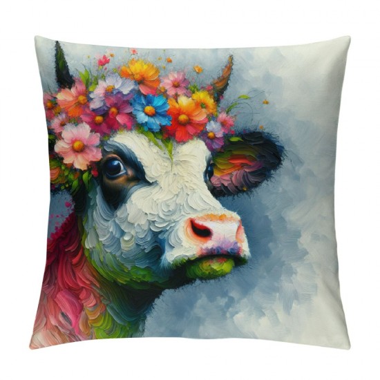 Smilayrd Farm Animal Farmhouse Pillow Covers Oil Painting Lovely Cow with Decor Throw Pillow Case Rustic Country Animal Cushion Cover Outdoor for Sofa