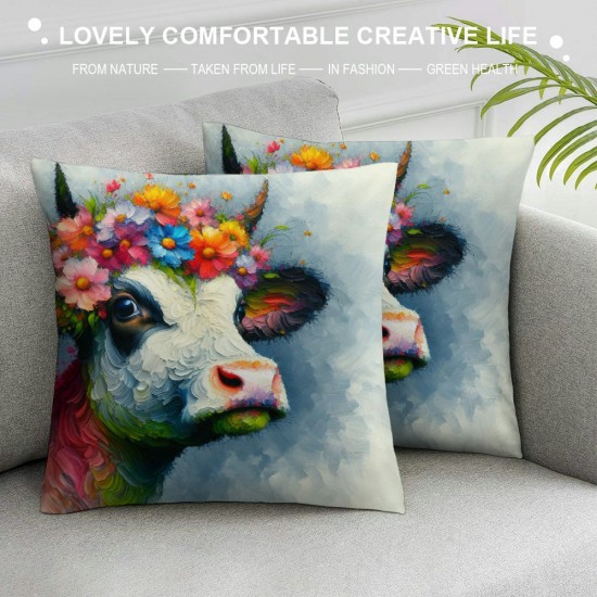 Smilayrd Farm Animal Farmhouse Pillow Covers Oil Painting Lovely Cow with Decor Throw Pillow Case Rustic Country Animal Cushion Cover Outdoor for Sofa