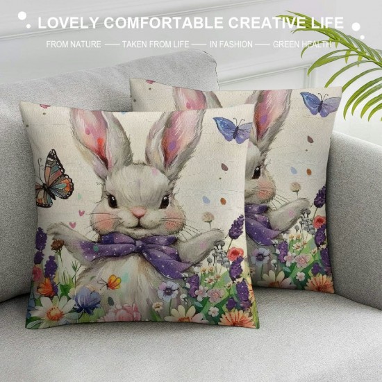 Qinduosi Pillow Covers Inch Set of Purple Rabbit Bunny Floral Butterfly Spring Holiday Farmhouse Decorative Throw Pillow Cases Cushion Cover for