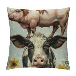 Qinduosi Spring Cow Pig Decorative Throw Pillow Covers Set of , Sweet Farm Animal Daisy Flower Blue Cushion Case Decor, Bless Me Home Farmhouse Decoration for Sofa Couch