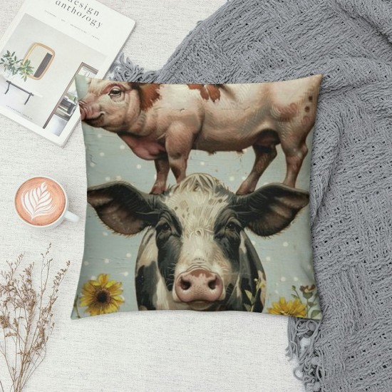 Qinduosi Spring Cow Pig Decorative Throw Pillow Covers Set of , Sweet Farm Animal Daisy Flower Blue Cushion Case Decor, Bless Me Home Farmhouse Decoration for Sofa Couch