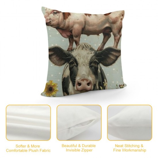 Qinduosi Spring Cow Pig Decorative Throw Pillow Covers Set of , Sweet Farm Animal Daisy Flower Blue Cushion Case Decor, Bless Me Home Farmhouse Decoration for Sofa Couch