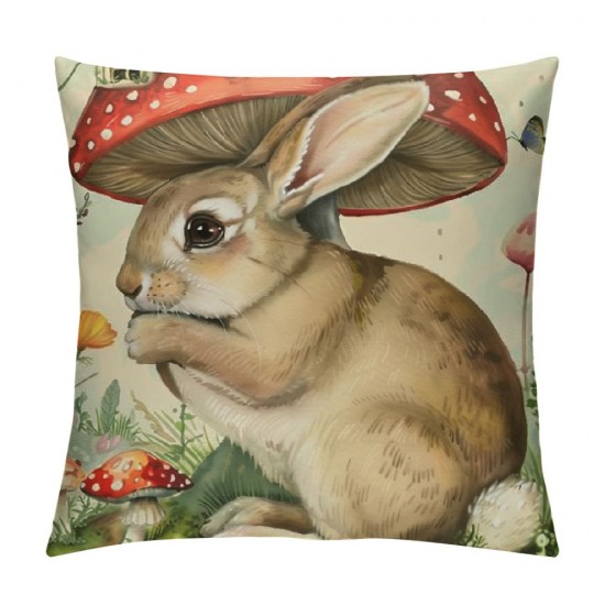 Qinduosi Spring Forest Animals Throw Pillow Covers Inch Rabbit Mushroom Floral Decorative Pillows for Sofa Kids Baby Nursey Room Decor Set of