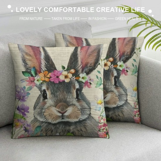 Qinduosi Easter Pillow Covers Inch Set of Bunny Easter Floral Rabbit Pillows Decorative Throw Pillows Rabbit Linen Square Cushion Covers for Couch Bed Sofa Chair Decor