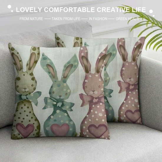 Qinduosi Easter Pillow Covers ,Pink Blue Green Bunny Outdoor Decorative Throw Pillows for Couch, Rabbit Spring Decor Cushion Cover Pcs Soft Farmhouse Linen Pillowcase for Bed Car Safa