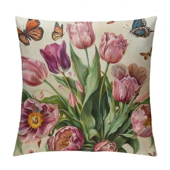 Qinduosi Spring Decorations Pink Tulip Spring Pillow Covers Set of Butterfly Flowers Bicycle Throw Pillow Case Flowers Market Farmhouse Cushion Cover for Home Sofa Couch