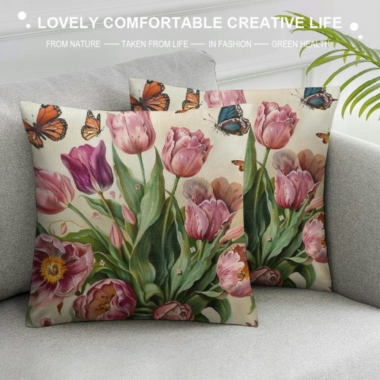 Qinduosi Spring Decorations Pink Tulip Spring Pillow Covers Set of Butterfly Flowers Bicycle Throw Pillow Case Flowers Market Farmhouse Cushion Cover for Home Sofa Couch