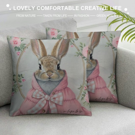 Qinduosi -Pack Spring Easter Pillow Covers Inch - '' Bunny with Pink and Blue Rabbit, &amp; Floral Wreath Design, Pastel Spring Decorative Cushion Cases Set for Sofa and Home Decor