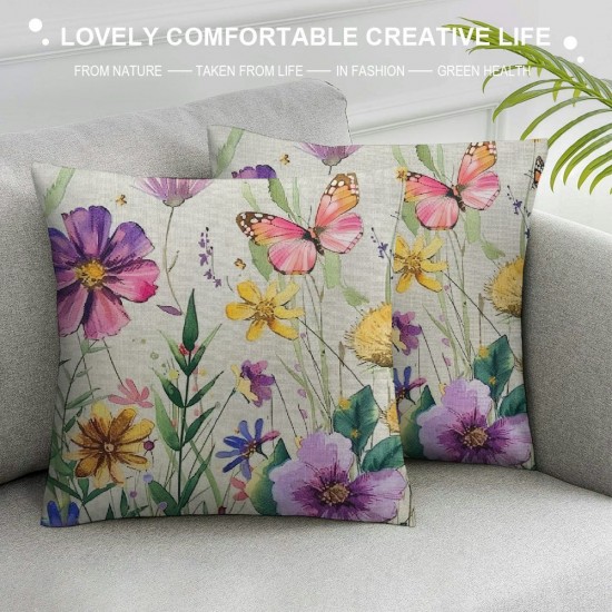 Spring Pillow Cover Inch Multi-Colored-Flowers Butterfly Decorations Seasonal Summer Cushion Case Decor for Home Sofa Couch