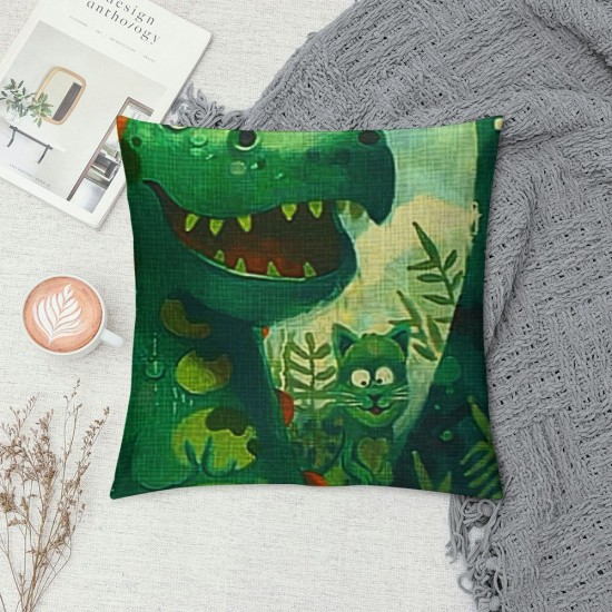 Qinduosi Set of Throw Pillow Covers Colorful Little saur Cute Drawn Drawing Green Kids Decor Linen Pillow Cases Home Decorative Square Inches Pillowcases