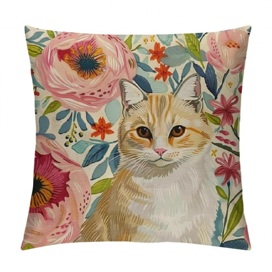 Throw Pillow Covers Orange Tabby Cat Spring Florals Cushion Pillow Case Home Decor Pillowcase Inches