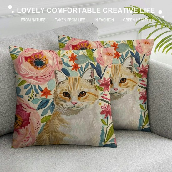 Throw Pillow Covers Orange Tabby Cat Spring Florals Cushion Pillow Case Home Decor Pillowcase Inches