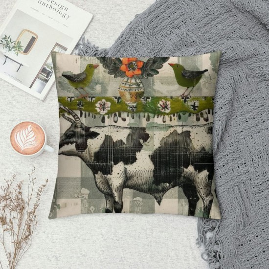 Spring Gray Buffalo Plaids Farmhouse Animals Pillow Covers Dairy Cow Pig with Decor Throw Pillow Case Cushion Cover " Set of Home Decoration