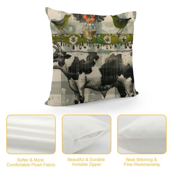 Spring Gray Buffalo Plaids Farmhouse Animals Pillow Covers Dairy Cow Pig with Decor Throw Pillow Case Cushion Cover " Set of Home Decoration