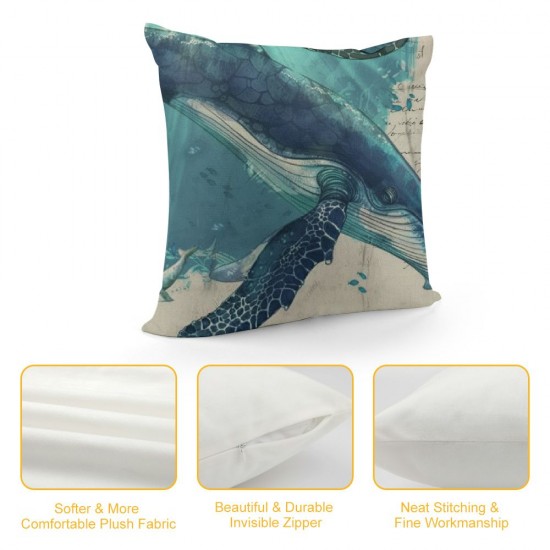 Throw Pillow Covers Home Decor Set of  Turtle Sea Animal Summer Vintage Painting Whale Leaf Fish Pillow Cases Decorative Inches Outdoor Cushion Couch Sofa Pillowcases