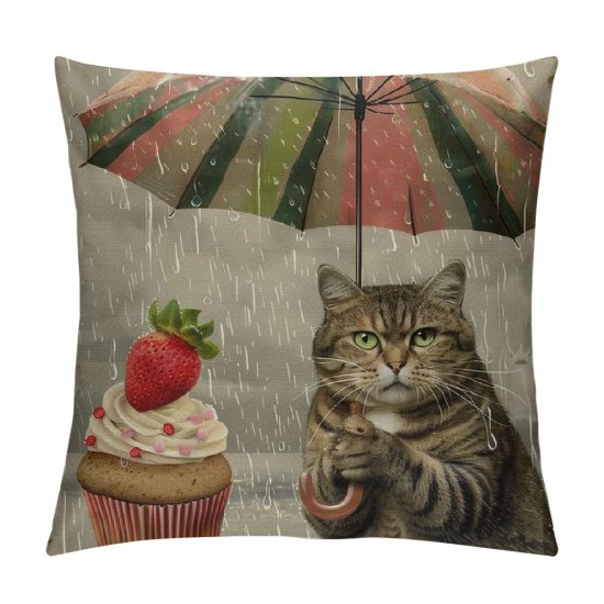 Funny Animal Cat Throw Pillow Cover The Cute cat is Holding an Umbrella in one paw and Fruit ice Cream in Other Decorative Pillow Case Linen Cushion Cover Decor Inch