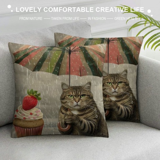 Funny Animal Cat Throw Pillow Cover The Cute cat is Holding an Umbrella in one paw and Fruit ice Cream in Other Decorative Pillow Case Linen Cushion Cover Decor Inch