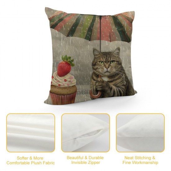 Funny Animal Cat Throw Pillow Cover The Cute cat is Holding an Umbrella in one paw and Fruit ice Cream in Other Decorative Pillow Case Linen Cushion Cover Decor Inch