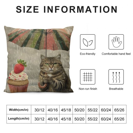 Funny Animal Cat Throw Pillow Cover The Cute cat is Holding an Umbrella in one paw and Fruit ice Cream in Other Decorative Pillow Case Linen Cushion Cover Decor Inch