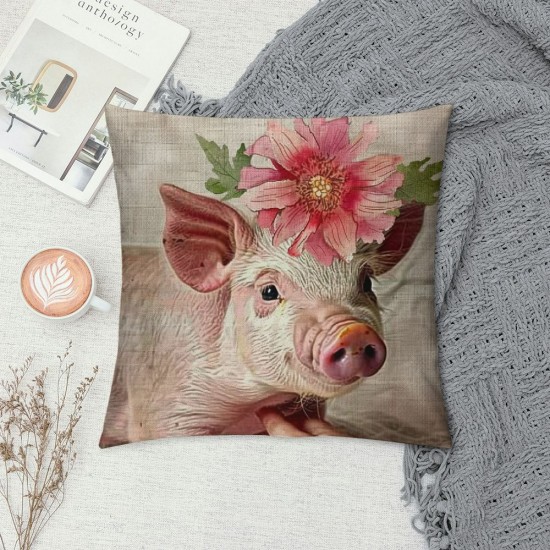 Qinduosi Linen Vintage Flower Floral Throw Pillow Covers Cute Farm Animal Design Cushion Case Inch Farmhouse Decorative Square Pillow Protector (Cute Pig)