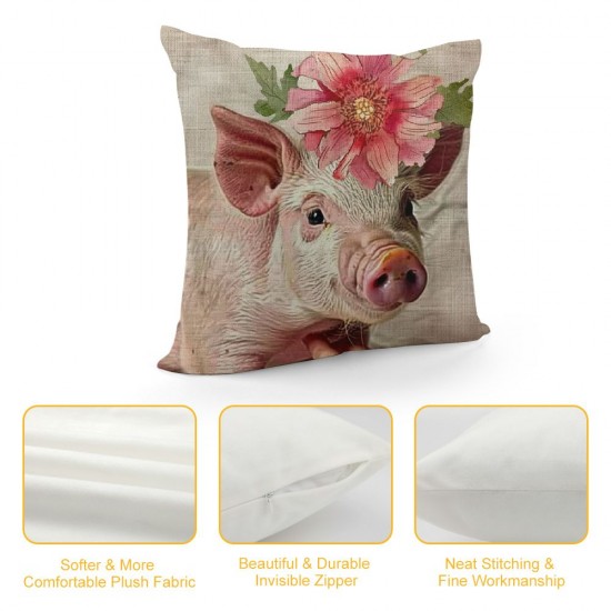 Qinduosi Linen Vintage Flower Floral Throw Pillow Covers Cute Farm Animal Design Cushion Case Inch Farmhouse Decorative Square Pillow Protector (Cute Pig)