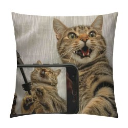 Qinduosi  Fathers Day Pillow Covers Animal Pillow Covers Cat Throw Pillow Cover Funny Cellphone Selfie Smile Square Pillow Case Cushion Cover for Father's Day Home Car Decorative