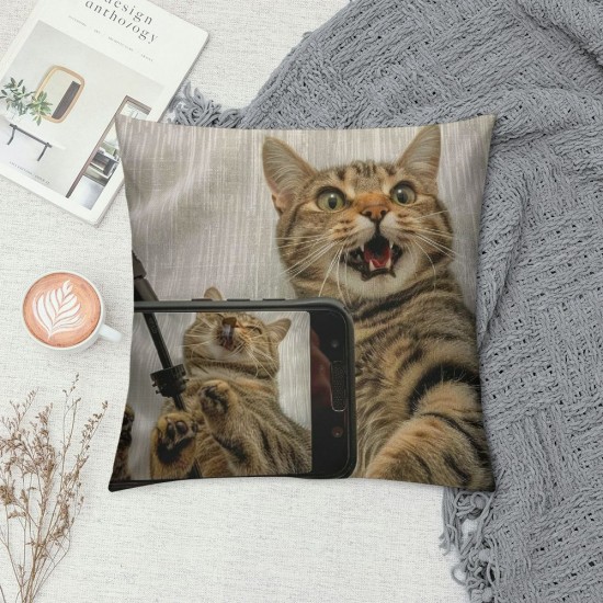 Qinduosi  Fathers Day Pillow Covers Animal Pillow Covers Cat Throw Pillow Cover Funny Cellphone Selfie Smile Square Pillow Case Cushion Cover for Father's Day Home Car Decorative