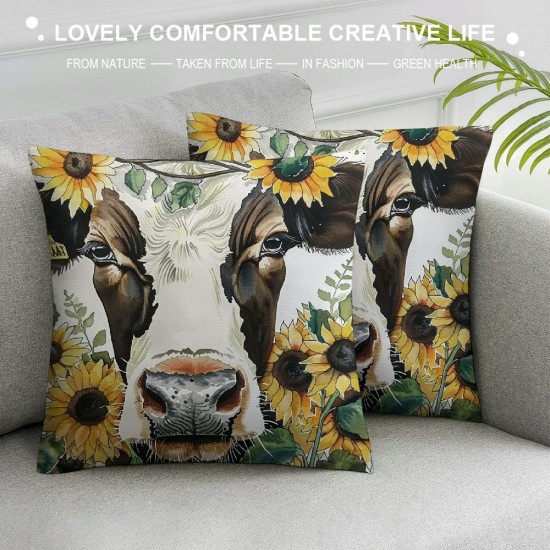 Cow Throw Pillow Cases inch Animal Theme Set of  Watercolor Decoration Pillow Covers Square Linen, Farmhouse Home Decor Cow Cushion Covers with Hidden Zipper for Sofa Couch Bedroom (Cow)