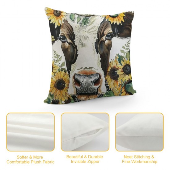 Cow Throw Pillow Cases inch Animal Theme Set of  Watercolor Decoration Pillow Covers Square Linen, Farmhouse Home Decor Cow Cushion Covers with Hidden Zipper for Sofa Couch Bedroom (Cow)