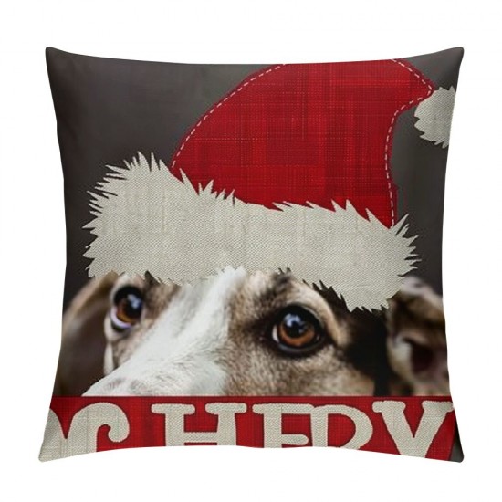 Qinduosi We Woof You A Merry Christmas Best Pet Dog Christmas Hat Linen Throw Pillow Covers Cushion Cover Decorative Sofa Bedroom Living Room Square  Inches