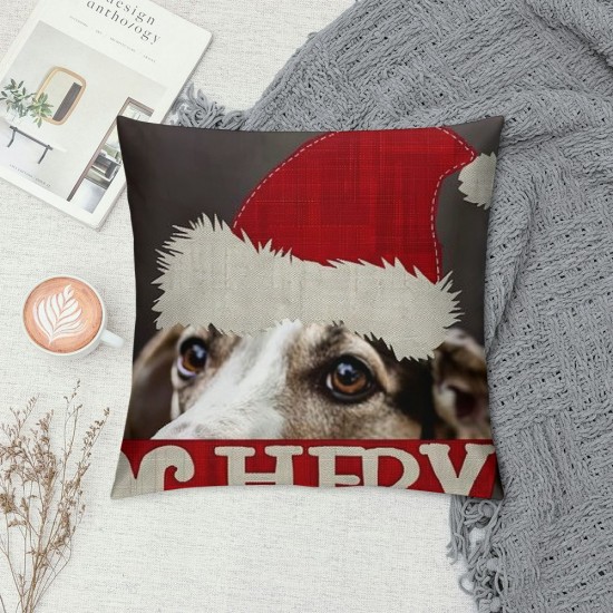 Qinduosi We Woof You A Merry Christmas Best Pet Dog Christmas Hat Linen Throw Pillow Covers Cushion Cover Decorative Sofa Bedroom Living Room Square  Inches