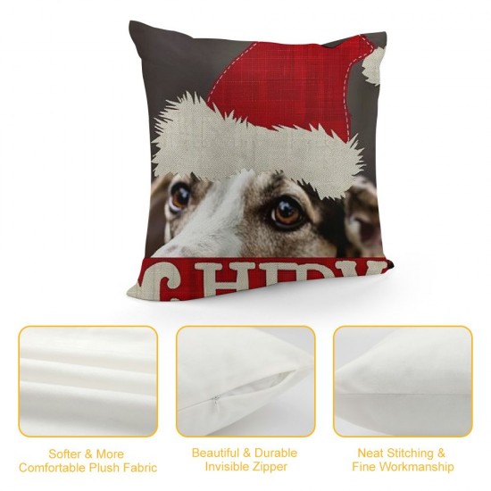 Qinduosi We Woof You A Merry Christmas Best Pet Dog Christmas Hat Linen Throw Pillow Covers Cushion Cover Decorative Sofa Bedroom Living Room Square  Inches