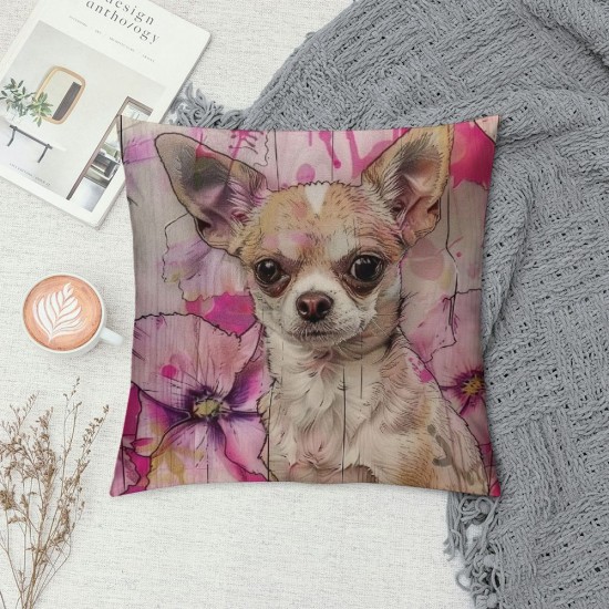 Throw Pillow Cases Cut Pet Dog with Splash Watercolor Rose Flower Cushion Covers Standard Linen Wood Background Home Sofa Decor Pillowslip Inch (Dog and Rose)