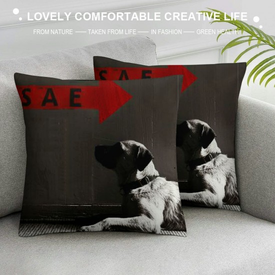 Qinduosi  Funny Dog Sit Stay Words Linen Pillow Cover Pillowcase Inches Square Cushion Cover for Sofa/Bed/Chair