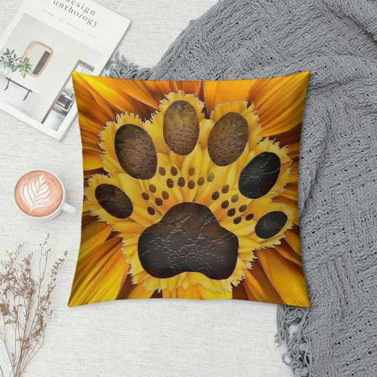 Qinduosi Throw Pillow Covers Cute Dog Paw Print Love Yellow Sunflower Design Square Pillowcase for Home Decor Sofa Car Bedroom Pillow case