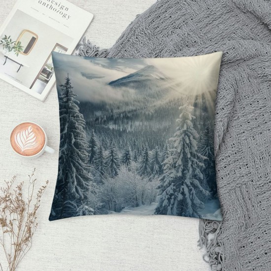 Winter Landscape Throw Pillow Cases, Nature Snowy Mountain Fir Trees Sunshine Set of  Decorative Throw Pillow Cover, Square Pillow Cushion Case Home Decor for Sofa Couch Bed Car Inches