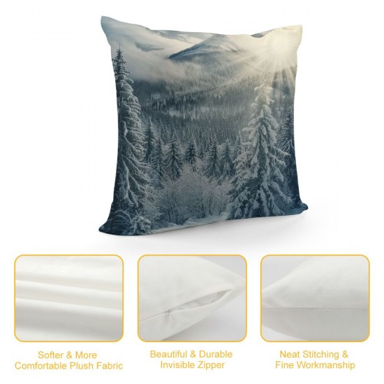 Winter Landscape Throw Pillow Cases, Nature Snowy Mountain Fir Trees Sunshine Set of  Decorative Throw Pillow Cover, Square Pillow Cushion Case Home Decor for Sofa Couch Bed Car Inches